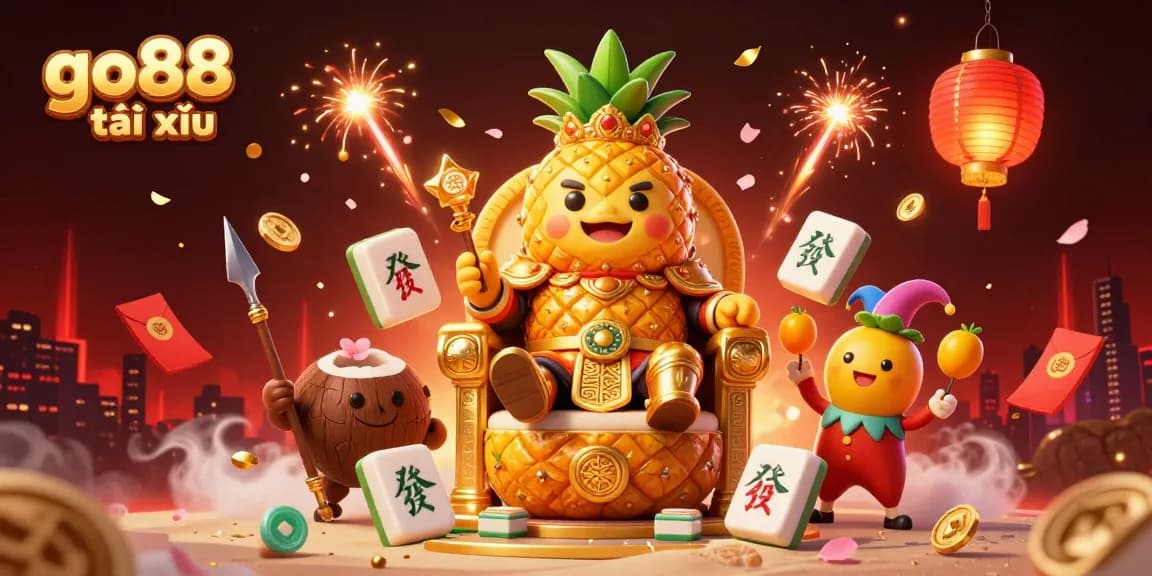 Engage in go88 tài xỉu with vibrant characters and festive casino elements in a dynamic 3D scene.