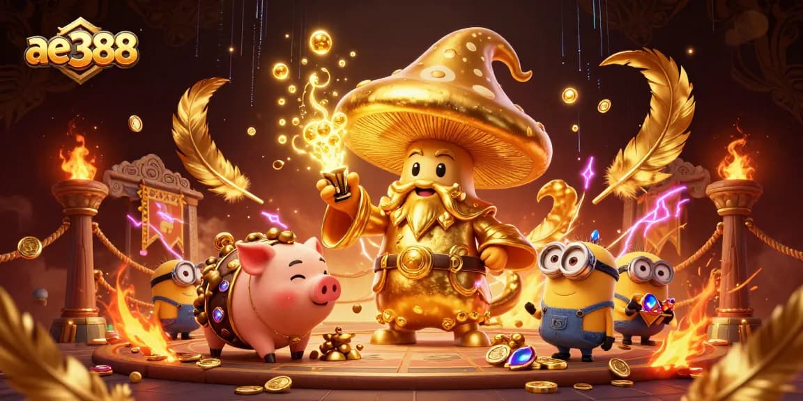 Join the excitement at ae388 with a magical golden wizard and treasure-hunting pig in a vibrant casino scene.