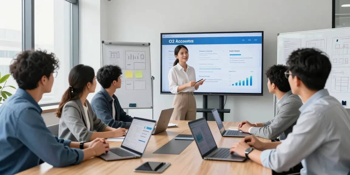 Team discussing O2 account business features in a modern office.