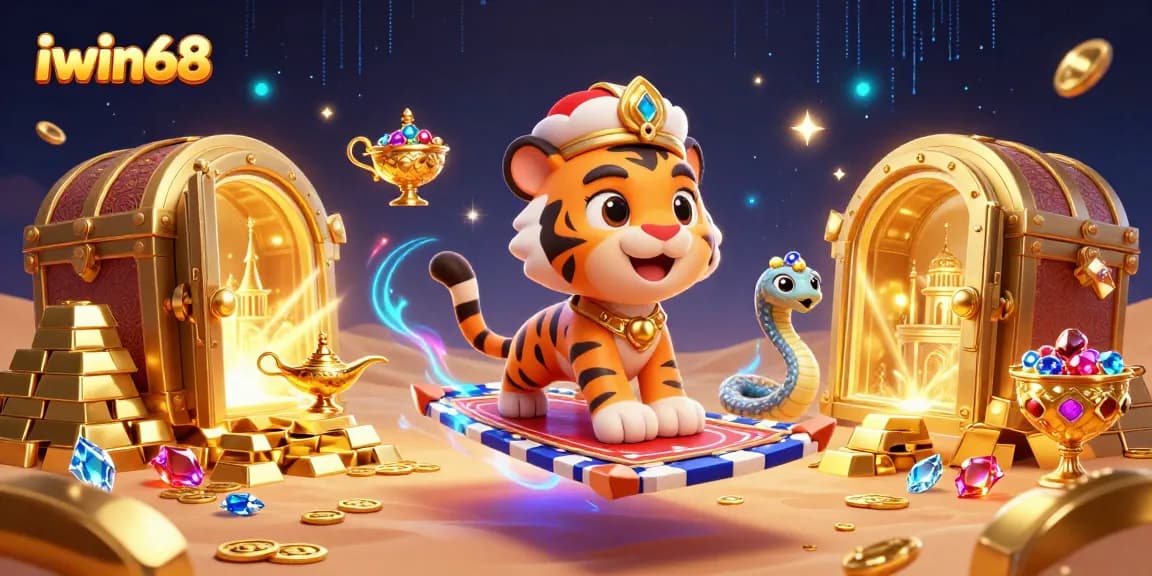 Iwin68 captures excitement with a tiger sultan on a poker chip carpet surrounded by treasures.