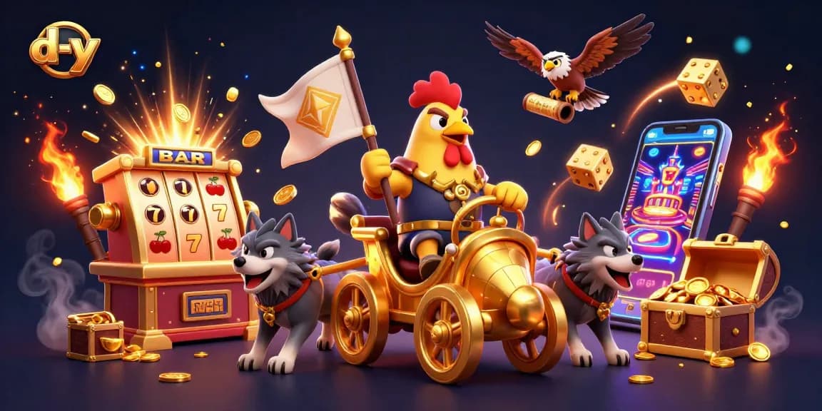 Experience jackpot excitement with d-y's cartoon rooster warlord and vivid gambling elements