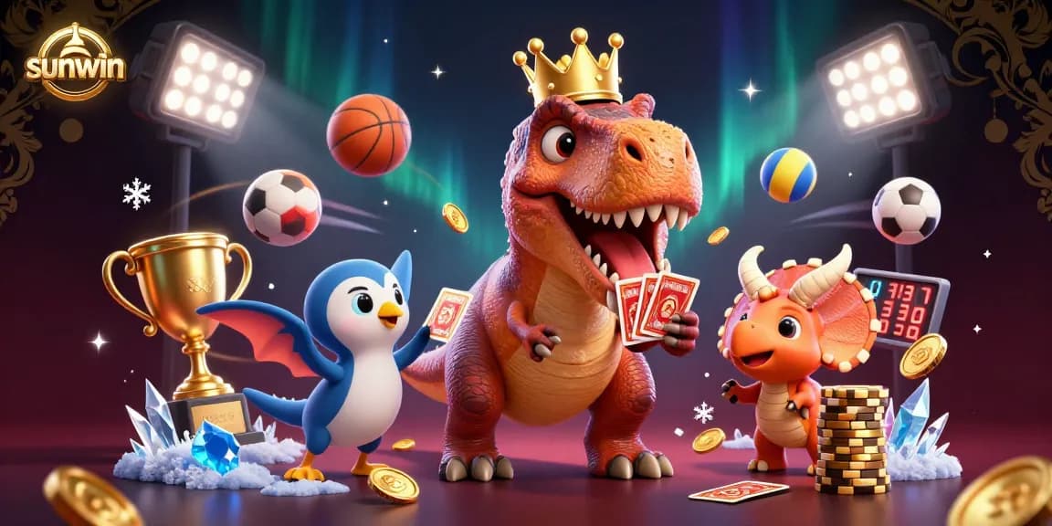 Sunwin showcases a fun T-Rex and friends engaged in exciting casino challenges with sports elements.