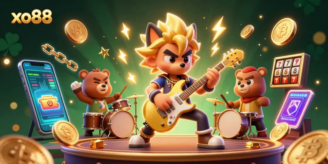 Experience excitement with xo88 as a rock star wolf captivates on stage amidst vibrant casino elements.