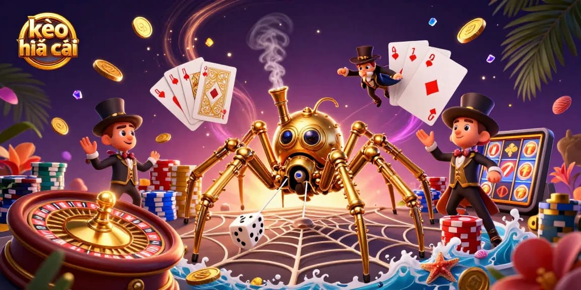 Experience kèo nhà cái as the golden spider entraps dice in a rich casino scene.