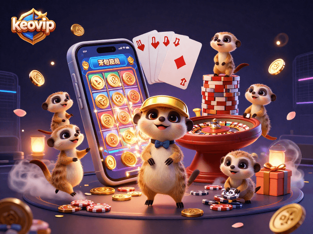 Engage with keovip and witness meerkats crafting a lively casino scene filled with slots and chips.