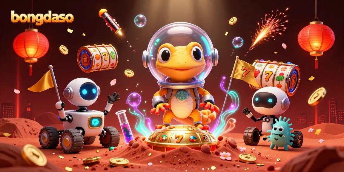 Bongdaso slot games scene with Martian gecko discovering a golden casino amidst spinning jackpots.