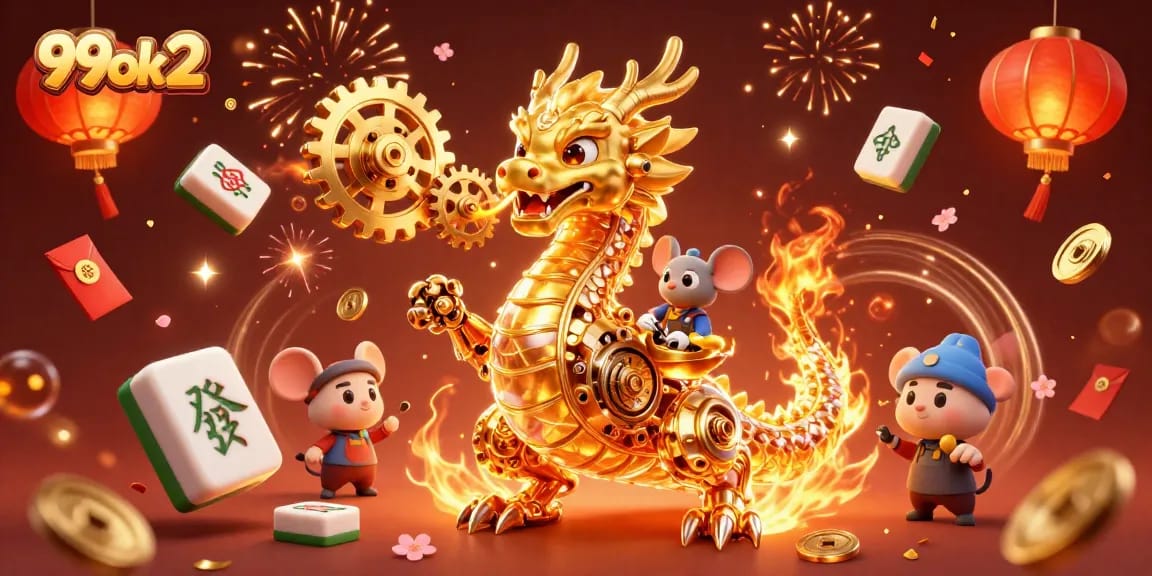 Engage in thrilling gameplay at 99ok2 with a vibrant 3D casino illustration showcasing golden dragon and cheers of fortune.