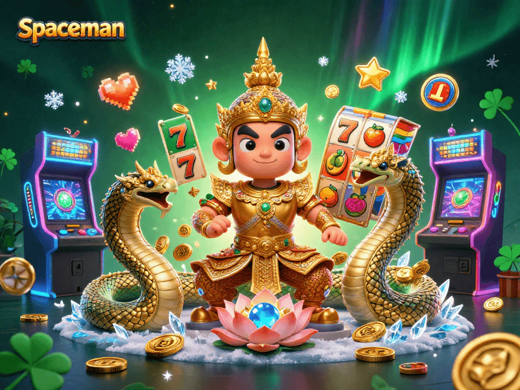 Engage in thrilling jackpot action with spaceman and colorful slot elements in a vibrant casino scene.