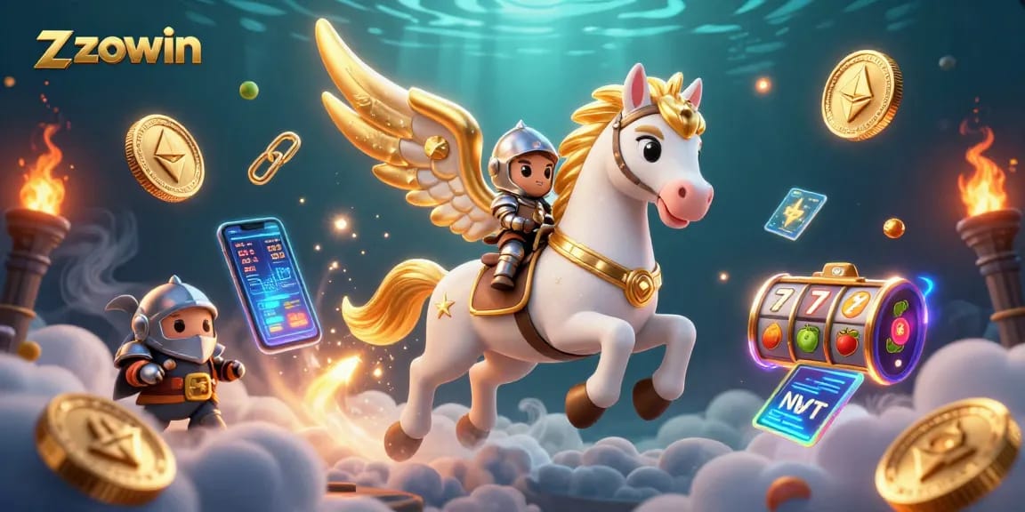 Win with Zowin: A vibrant 3D depiction of a celestial horse and knight amidst dynamic casino and crypto elements.