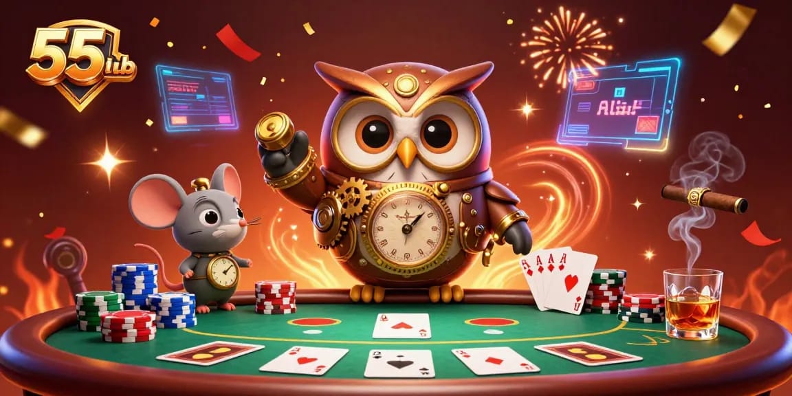 Experience vibrant casino action with 55club's steampunk owl and poker elements.