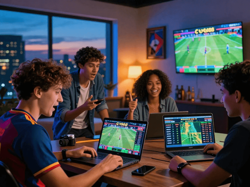 Engaged players enjoying live betting on CV666 in a vibrant modern room.