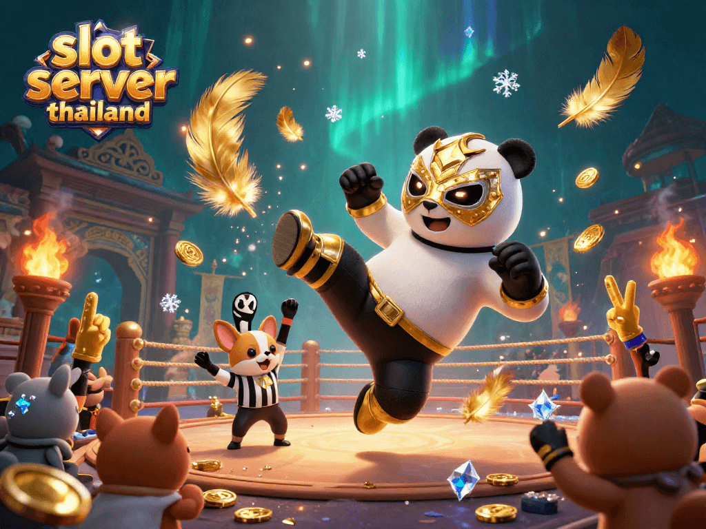 Engage with slot server thailand through thrilling actions of a panda wrestler and cheering crowd in a rich casino scene.