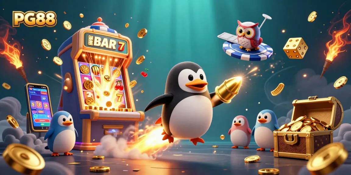 PG88 presents a thrilling casino adventure with a golden penguin and jackpot explosion.