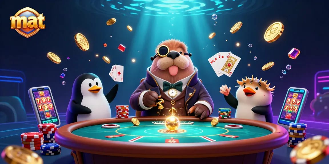 Experience fun gameplay with mat at a vibrant underwater poker scene featuring unique characters.