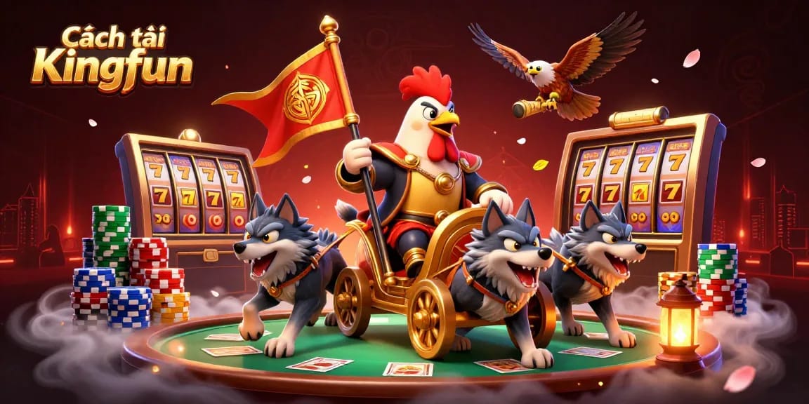 Cách tải Kingfun showcases an exciting 3D scene with a rooster warlord and casino elements, perfect for players.