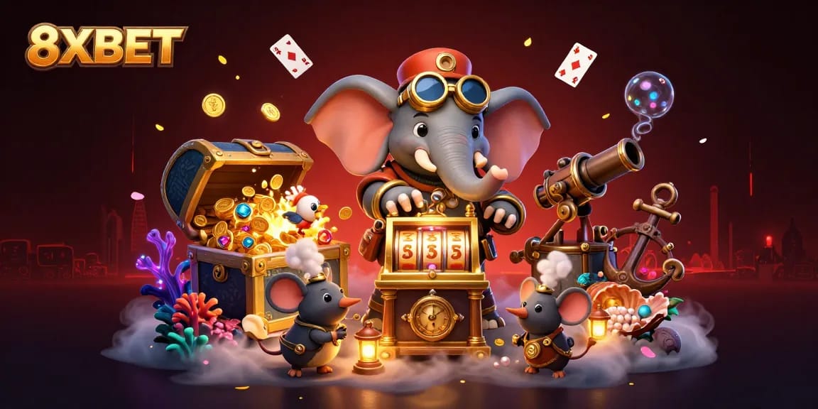 Experience thrilling gameplay at 8XBET with vibrant characters and gem-filled treasures in a dynamic casino scene.
