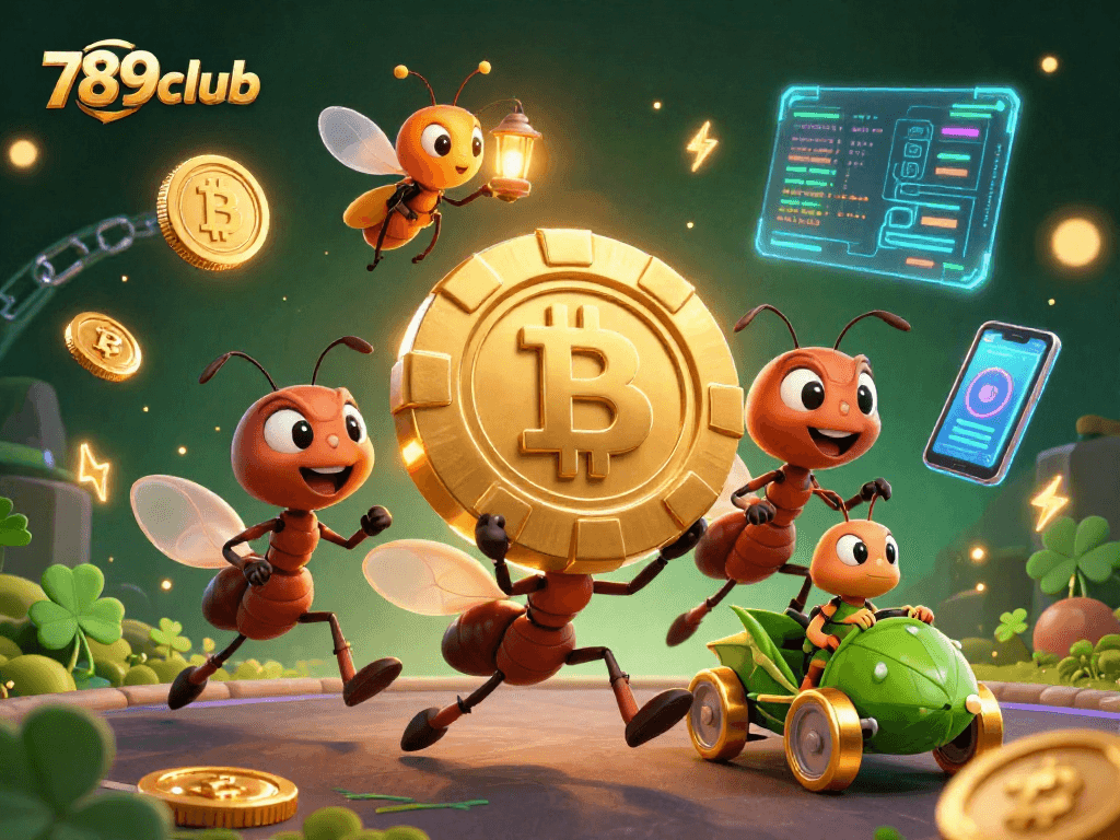 Join the excitement with 789club as a cartoon team heists a giant poker chip amidst neon crypto elements.