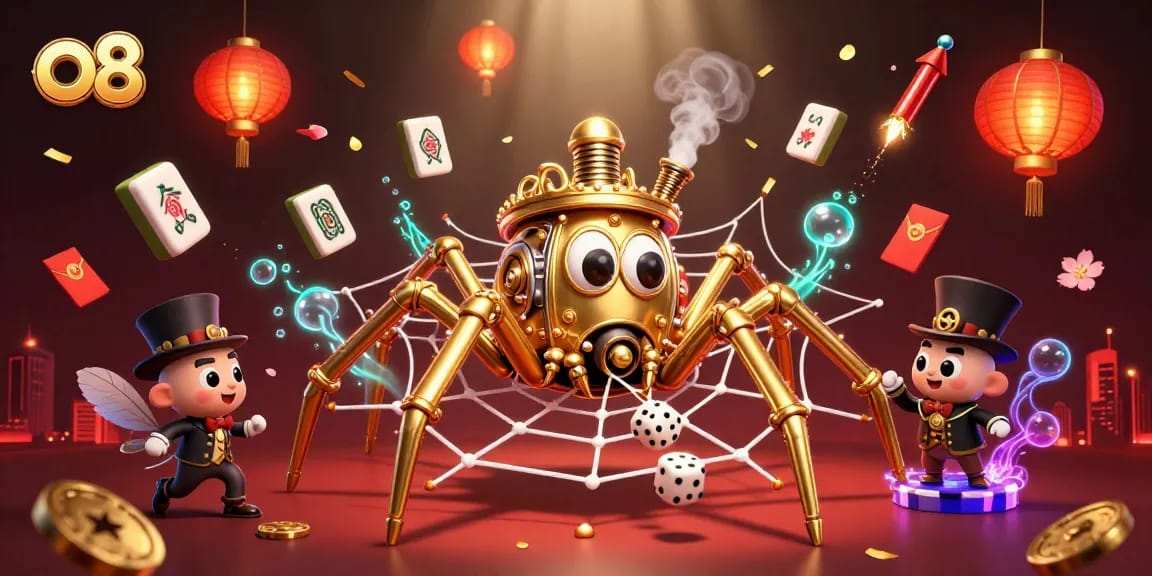 Engage with the thrilling world of o8 as the steampunk spider captures dice in its golden web amidst vibrant casino elements.