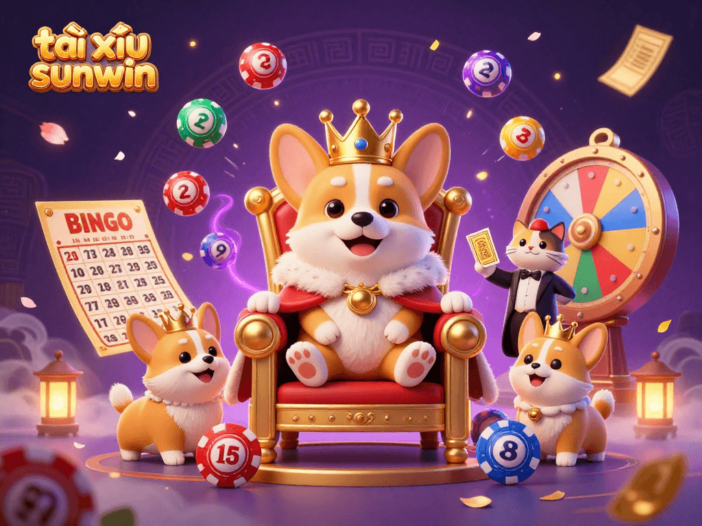 Exciting tài xỉu sunwin scene with royal corgi on poker chip throne, colorful lottery elements, and dynamic visuals.