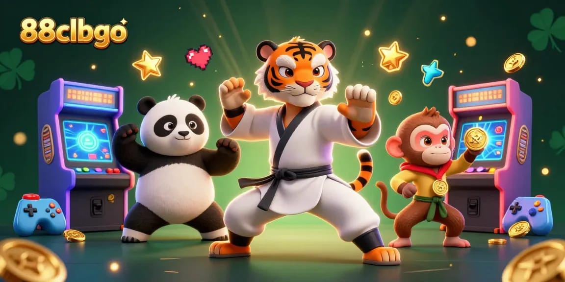 Play slots and win big at 88clbgo, featuring a kung fu tiger and fun gaming elements.