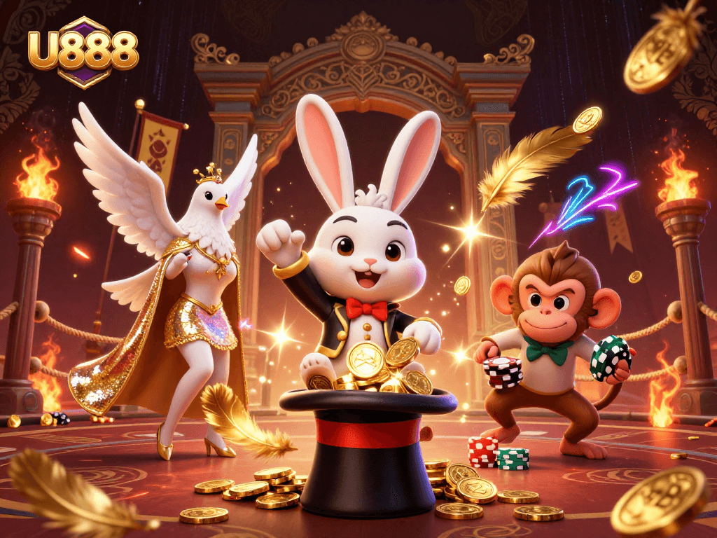 U888 magician rabbit pulling coins engaging players with casino excitement and thrill