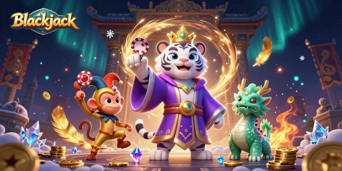 Experience Blackjack with a royal tiger, playful monkey, and jade dragon in a vibrant casino scene.