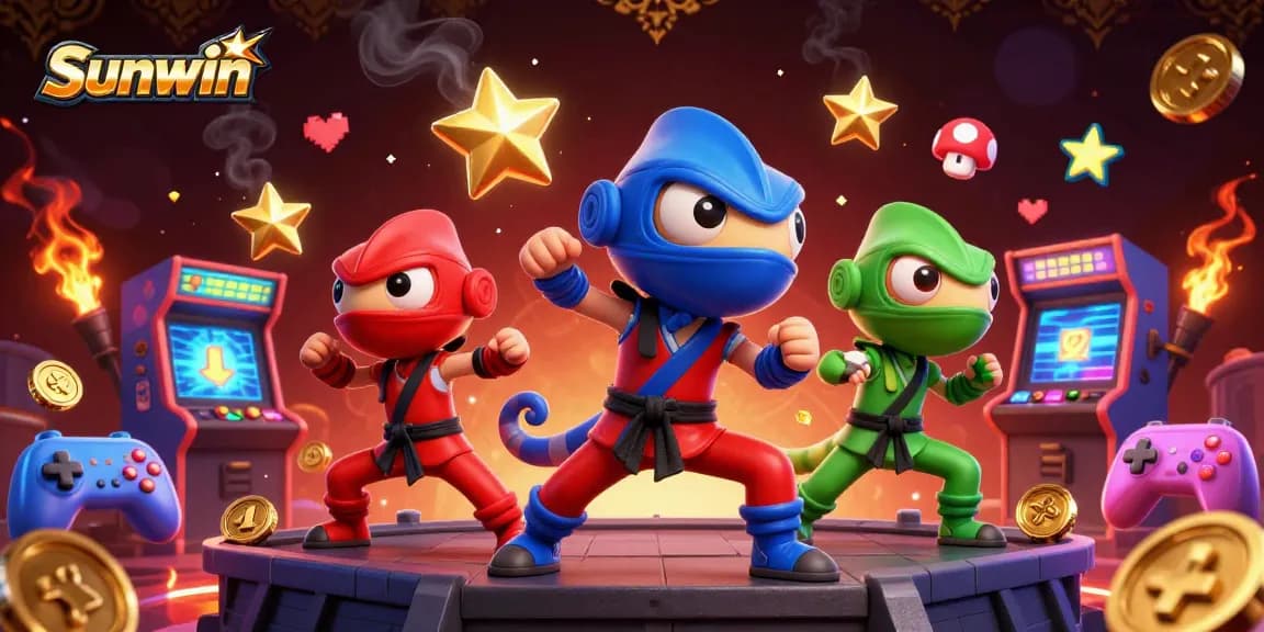 Experience Sunwin with a vibrant 3D scene of ninja chameleons in action, surrounded by casino elements.