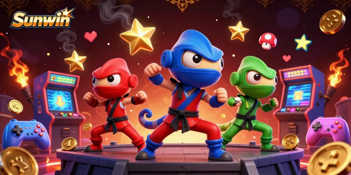 Experience Sunwin with a vibrant 3D scene of ninja chameleons in action, surrounded by casino elements.