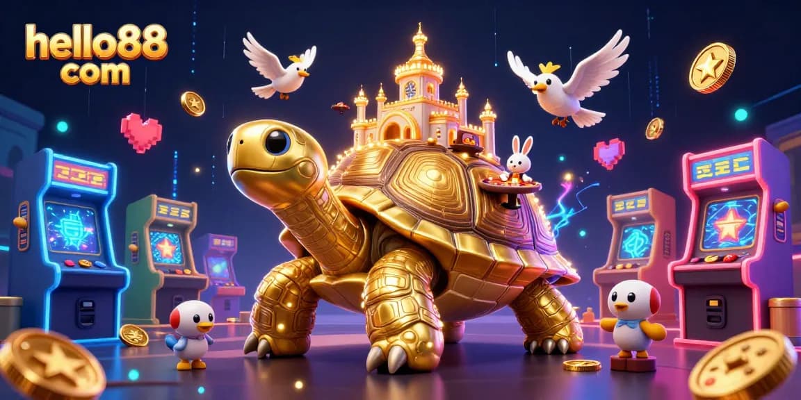 Win exciting rewards at hello88 com with vibrant casino elements featuring a golden tortoise and a rabbit dealer.