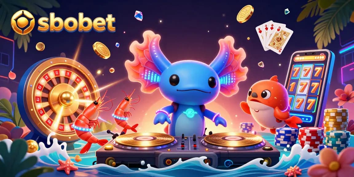 Join the vibrant sbobet scene with a 3D DJ axolotl as golden coins cascade and a dancing crew sets the vibe for online betting.