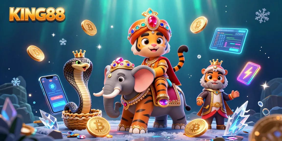 Experience the excitement of KING88 with a vibrant 3D cartoon prince in a jewel-encrusted setting.