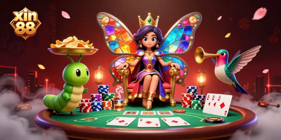 Experience the excitement at xin 88 with unique poker elements and vibrant characters in a captivating illustration.