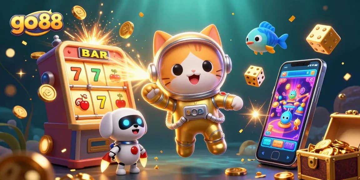 Engage in thrilling gameplay with go 88, as the astronaut cat and robot dog encounter a jackpot explosion among dazzling casino elements.