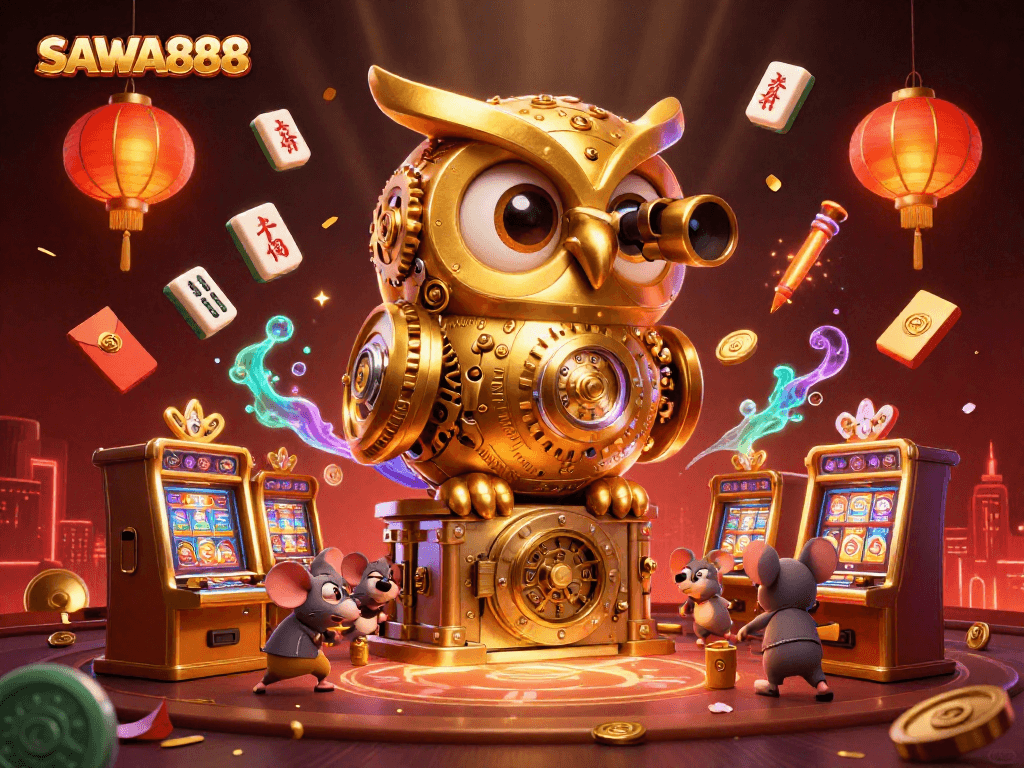 Experience SAWA888's vibrant casino landscape, with a clockwork owl and animated mice over dynamic gaming elements.