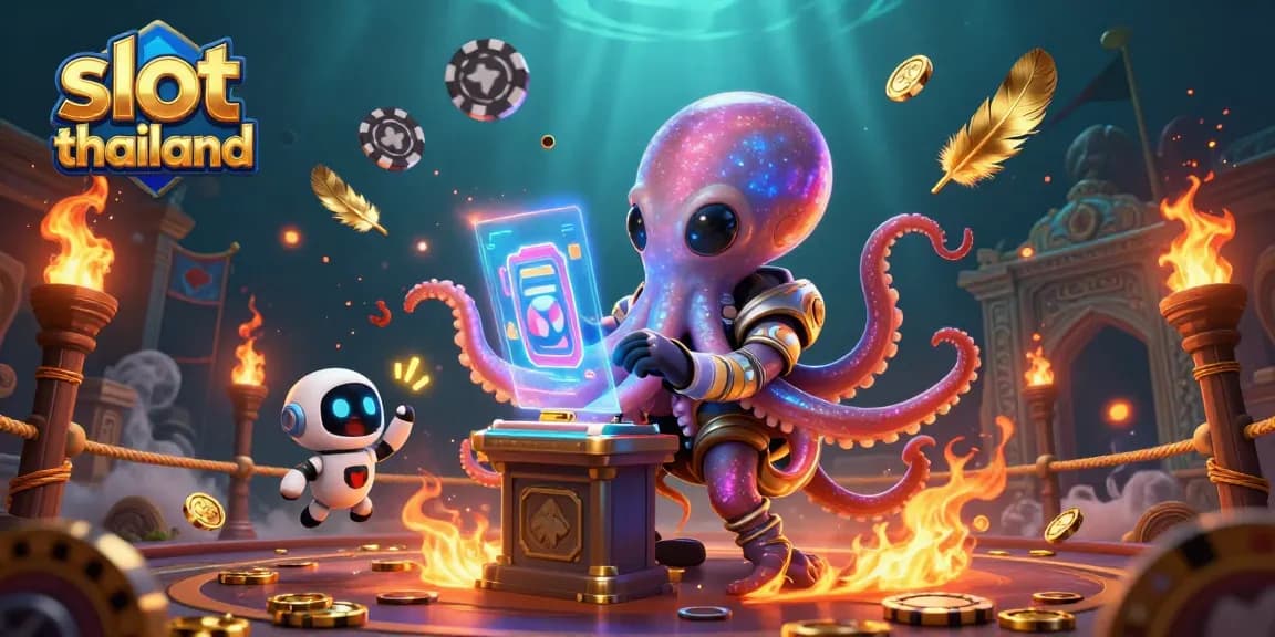 Engage in epic gameplay with slot thailand, featuring a cosmic octopus and a robot at a slot machine.