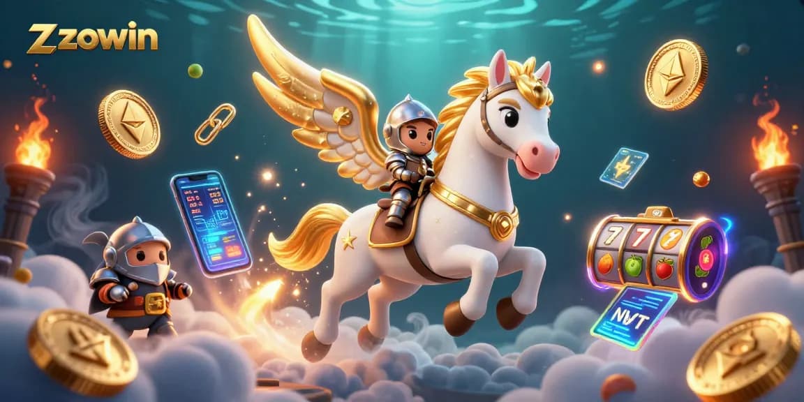 Win with Zowin: A vibrant 3D depiction of a celestial horse and knight amidst dynamic casino and crypto elements.