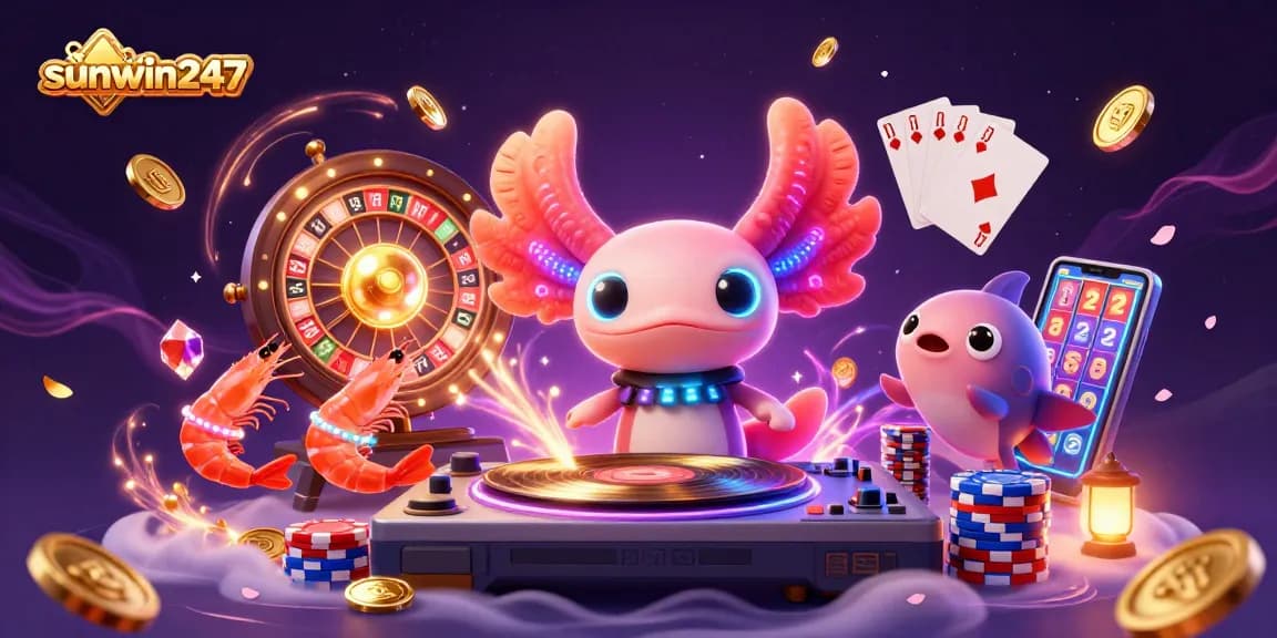 Dive into the action at sunwin247 with vibrant characters spinning the wheels of fortune amidst golden coins and jewels.