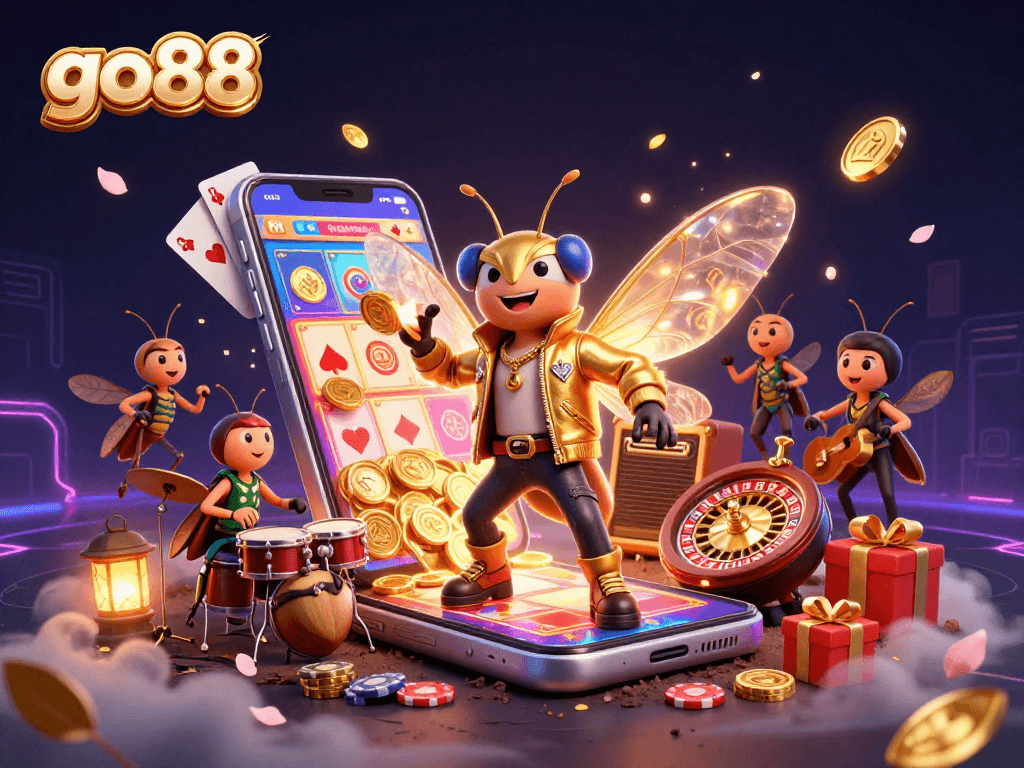 go88 showcases a vibrant casino scene with a rock star cicada and dynamic game action.