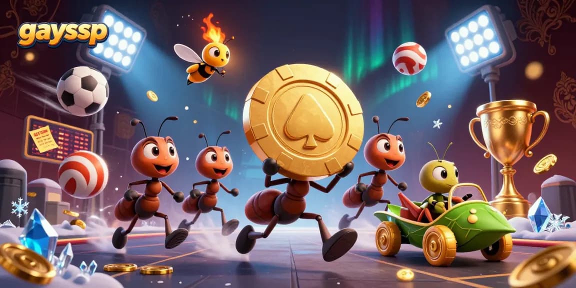 Watch the 3D casino heist unfold as ants carry a giant golden poker chip in the gaysvp online gaming world.
