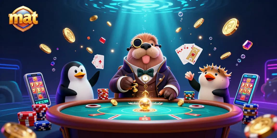 Experience fun gameplay with mat at a vibrant underwater poker scene featuring unique characters.