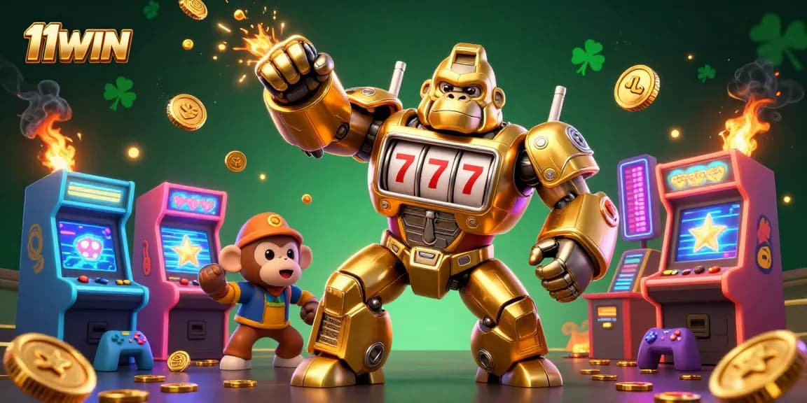 11WIN online casino gaming illustration showcasing a golden gorilla mech and vibrant arcade elements.