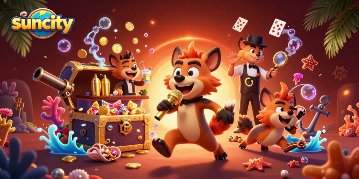 Suncity's vibrant casino scene showcases hyenas engaging in fun and games with a treasure-filled atmosphere.