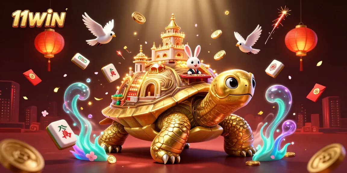 11WIN showcases a vibrant casino scene with a golden tortoise, rabbit dealer, and dynamic game elements.
