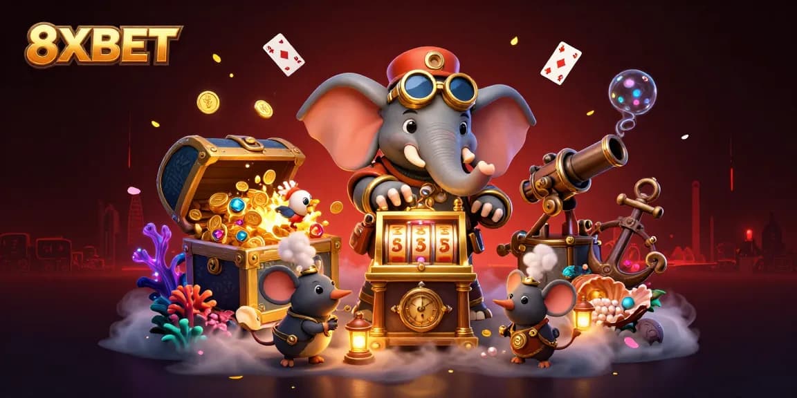 Experience thrilling gameplay at 8XBET with vibrant characters and gem-filled treasures in a dynamic casino scene.