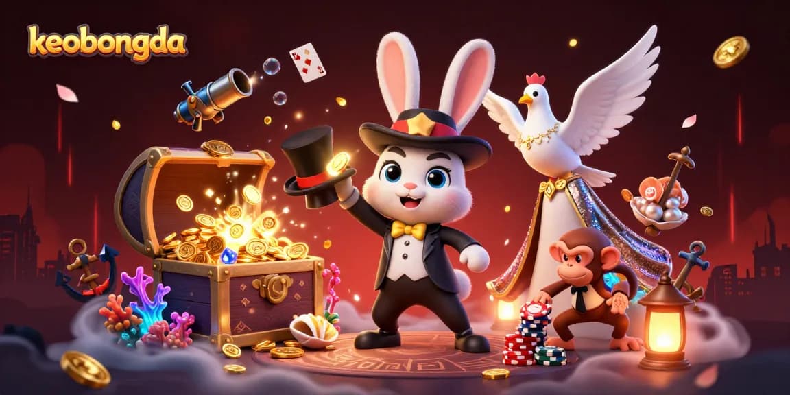 Engage with keobongda's magical casino experience featuring a rabbit, dove, and monkey in action.
