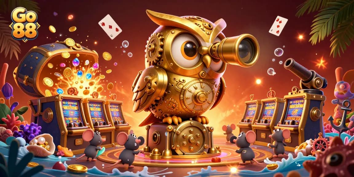 Explore the vibrant casino scene of Go 88 with a golden owl and dynamic game elements.