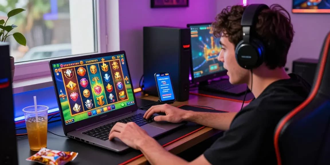Exciting gaming scene showcasing a player engaging with situs slot deposit 10 ribu on their laptop, surrounded by vibrant graphics and virtual treasures.