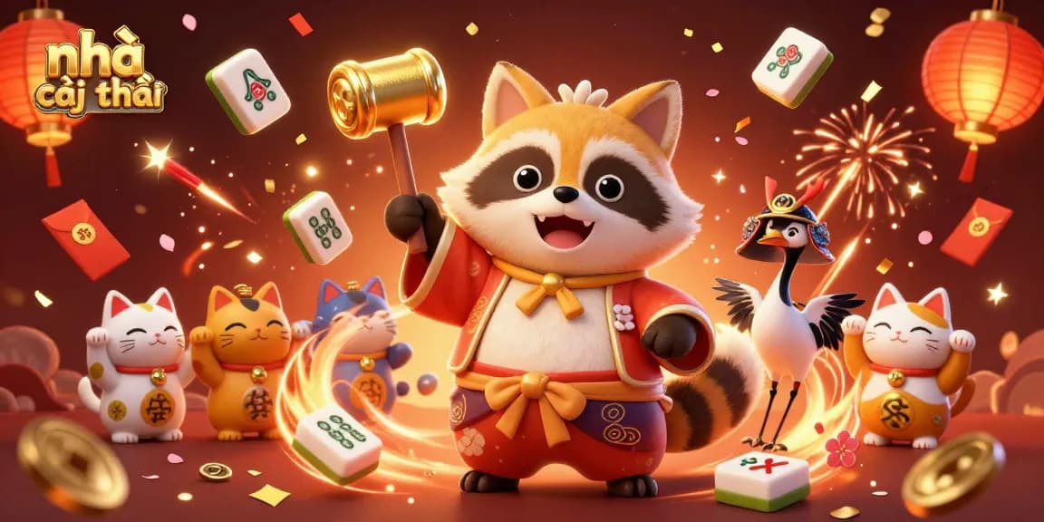 Experience the excitement with nhà cái uy tín as the cheerful tanuki holds a lucky mallet amidst vibrant casino elements.