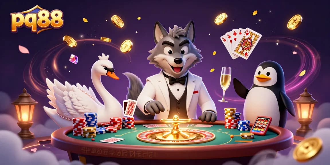 Experience winning moments at pq88 with a debonair wolf and elegant characters at a dynamic casino scene