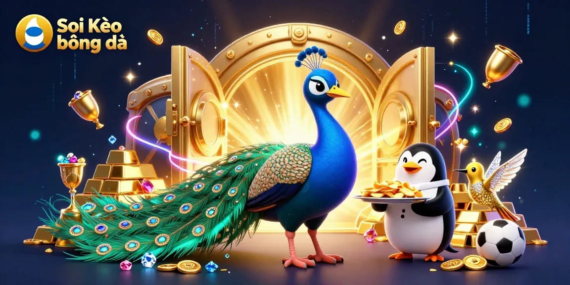 Soi Kèo bóng đá features a vibrant 3D scene with a peacock, penguin butler, and hummingbird, showcasing colorful sports elements and treasure details.
